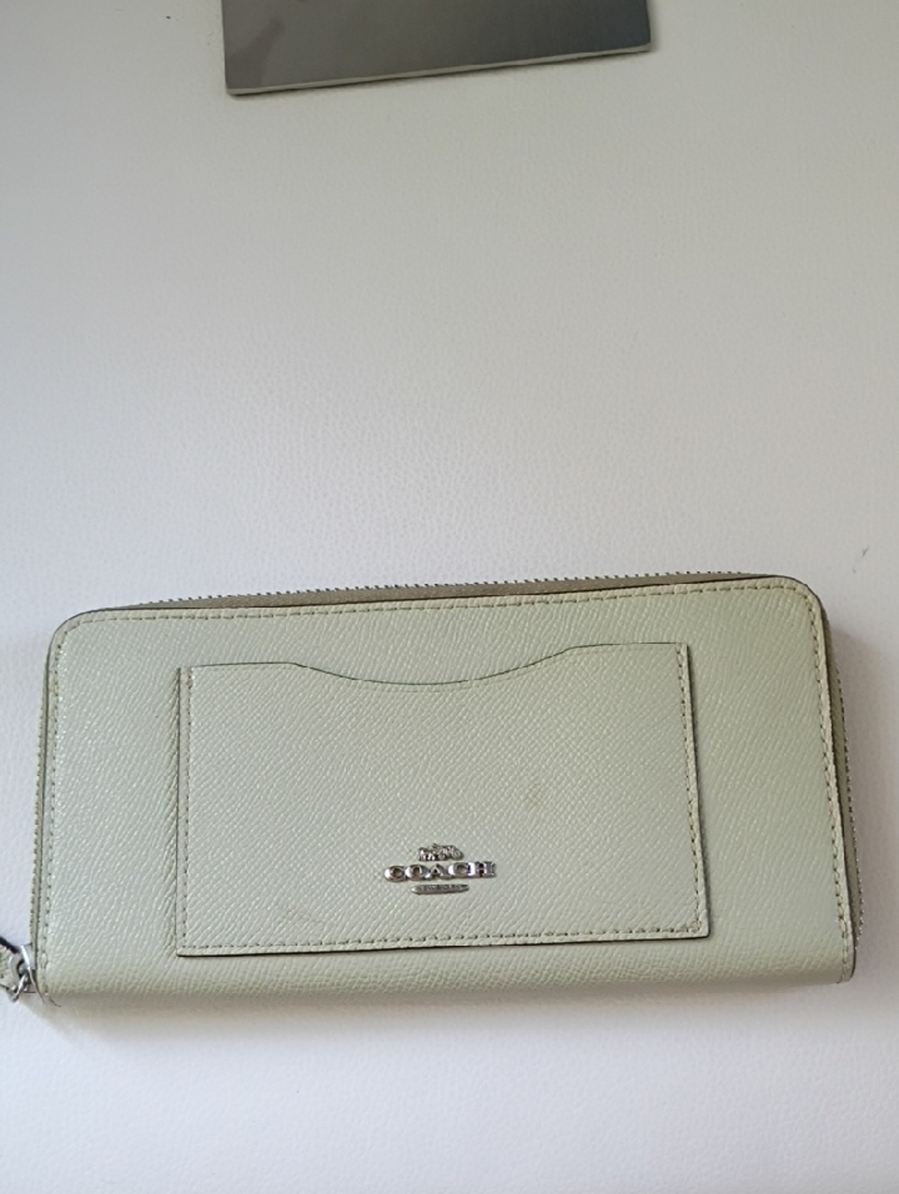 Coach Leather Zip Wallet in Mint Green with Silver Logo